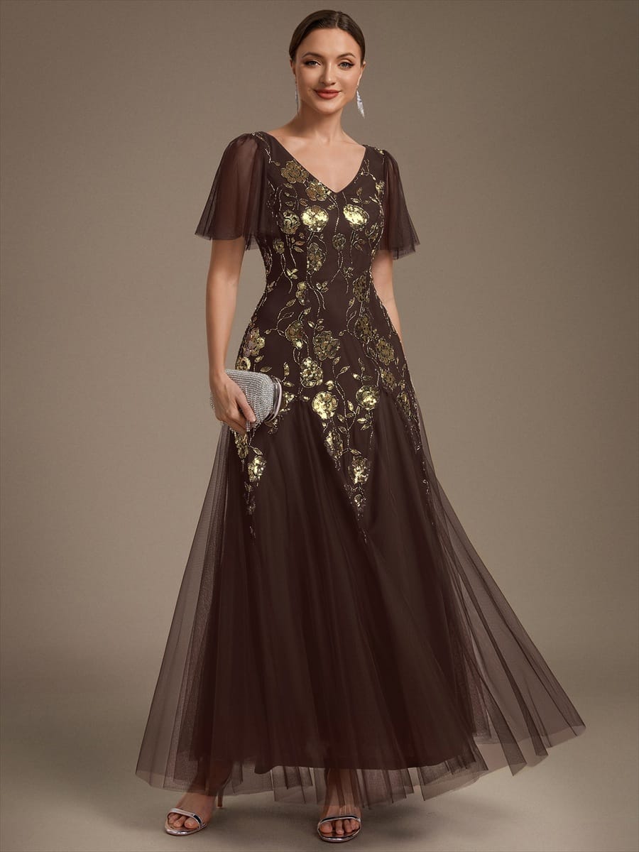 Patchwork Sequin Ruffle Sleeve Dress #color_Chocolate brown