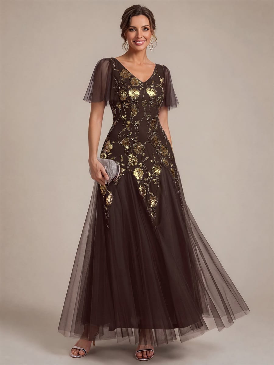 Patchwork Sequin Ruffle Sleeve Dress #color_Chocolate brown