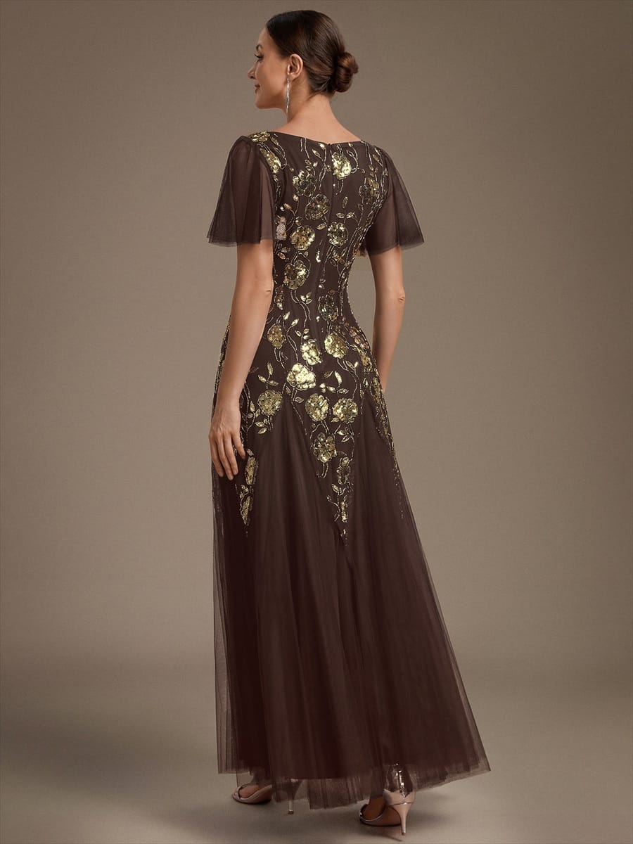 Patchwork Sequin Ruffle Sleeve Dress #color_Chocolate brown