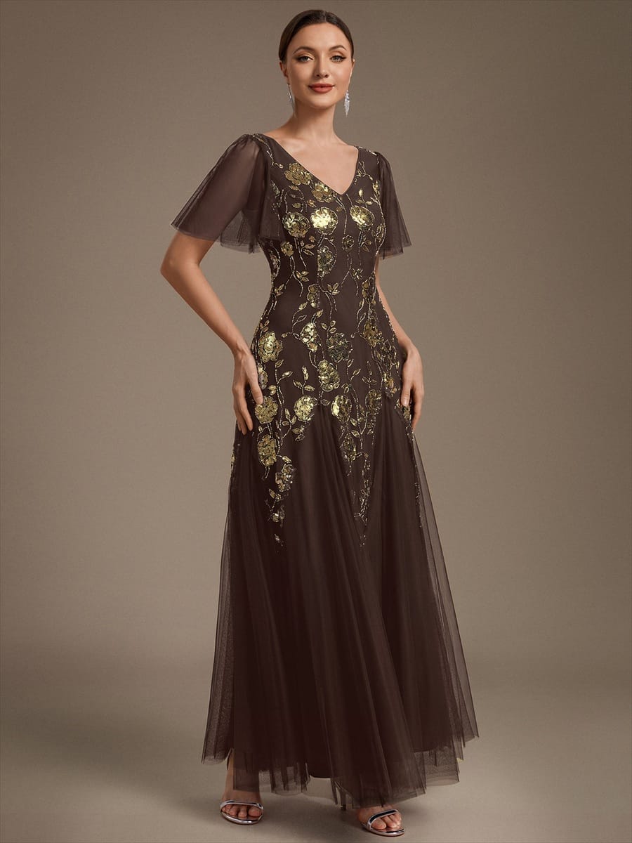 Patchwork Sequin Ruffle Sleeve Dress #color_Chocolate brown