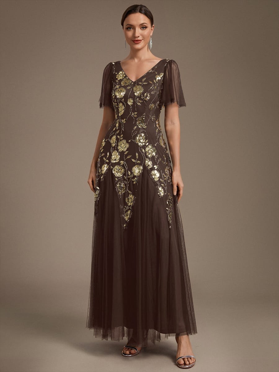 Patchwork Sequin Ruffle Sleeve Dress #color_Chocolate brown