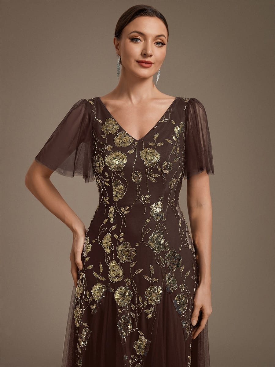 Patchwork Sequin Ruffle Sleeve Dress #color_Chocolate brown