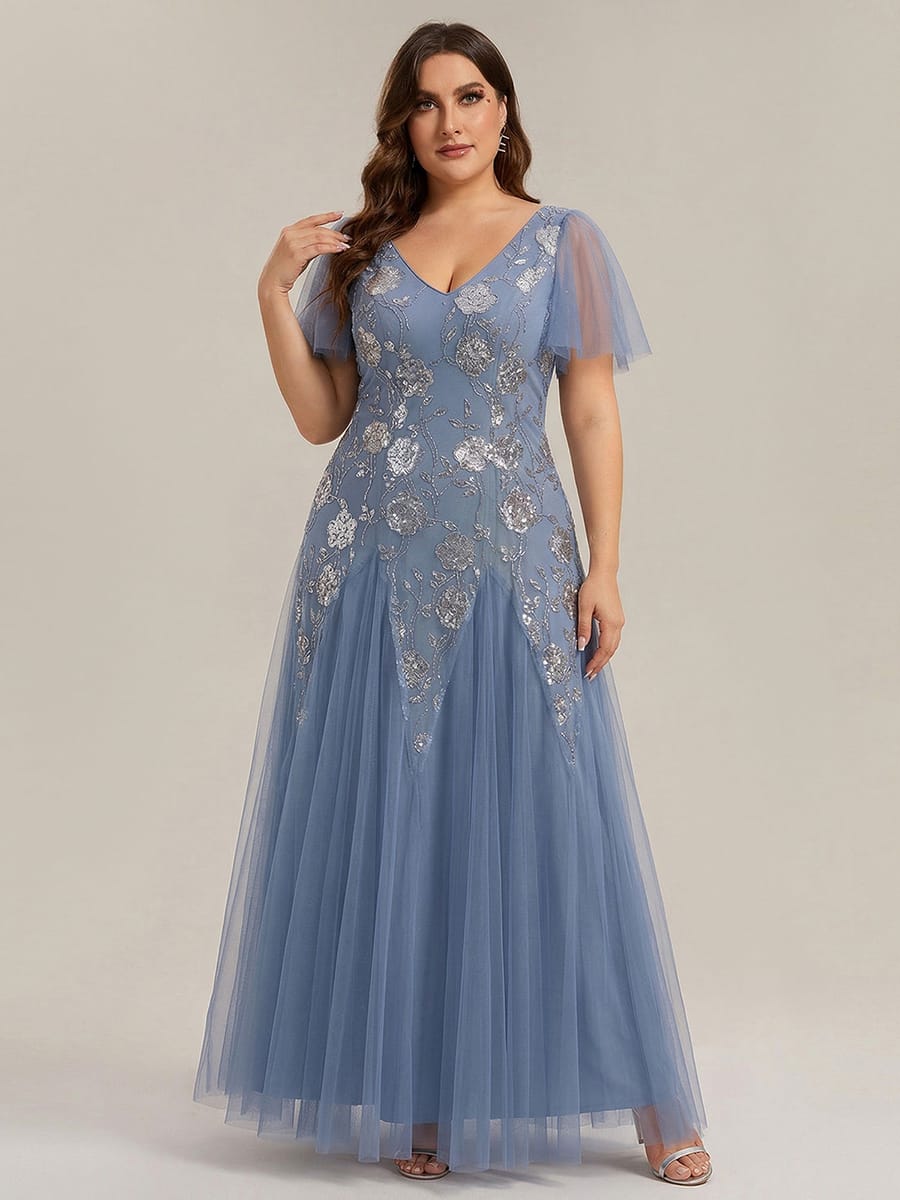 Patchwork Sequin Ruffle Sleeve Dress #color_Dusty Blue