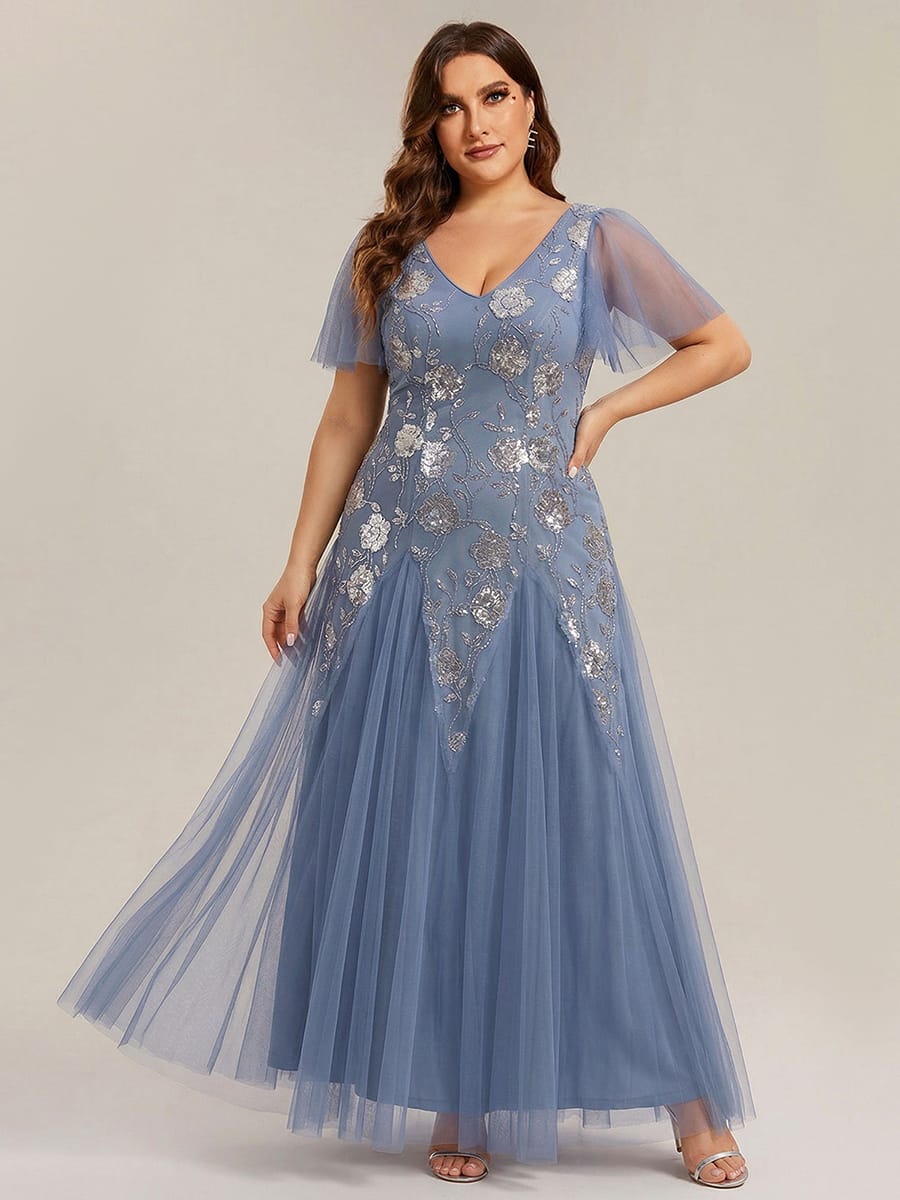 Patchwork Sequin Ruffle Sleeve Dress #color_Dusty Blue