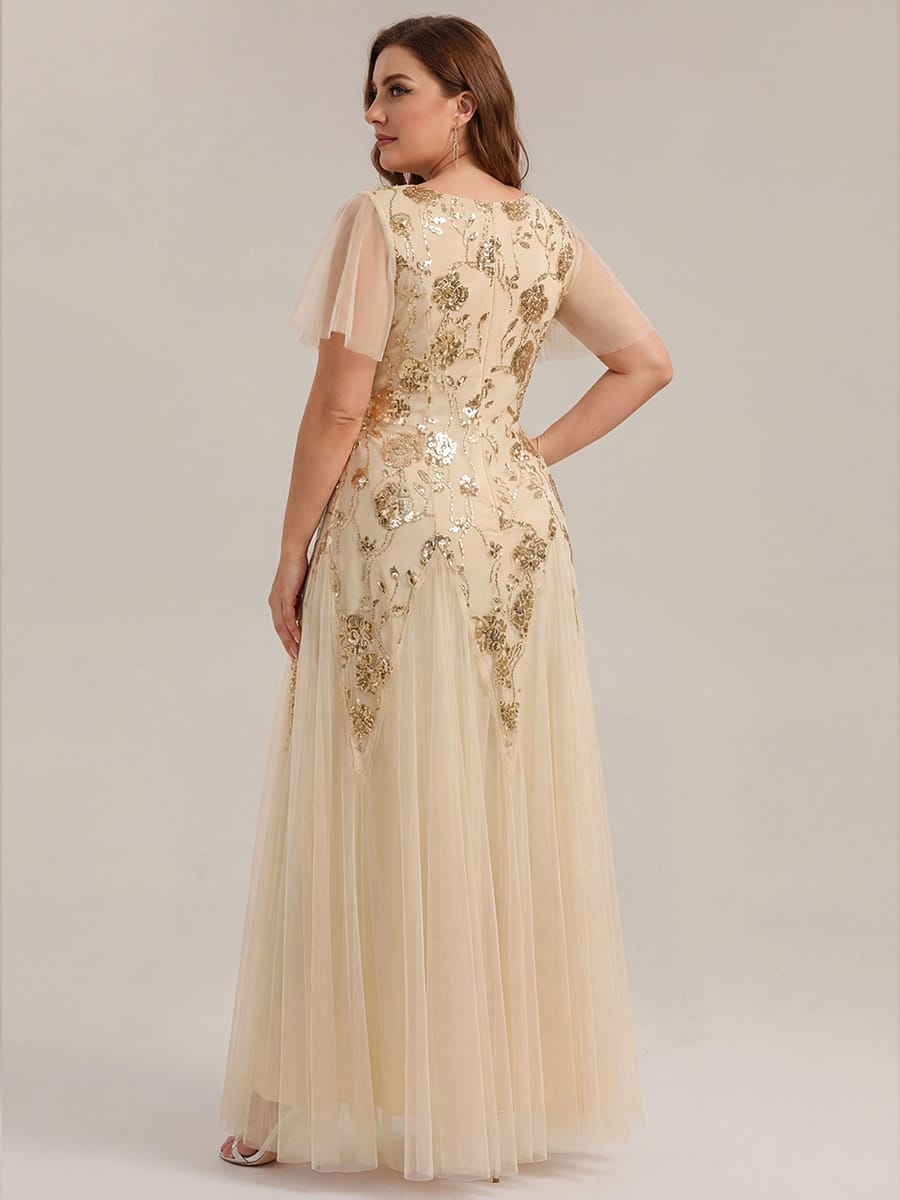 Patchwork Sequin Ruffle Sleeve Dress #color_Gold