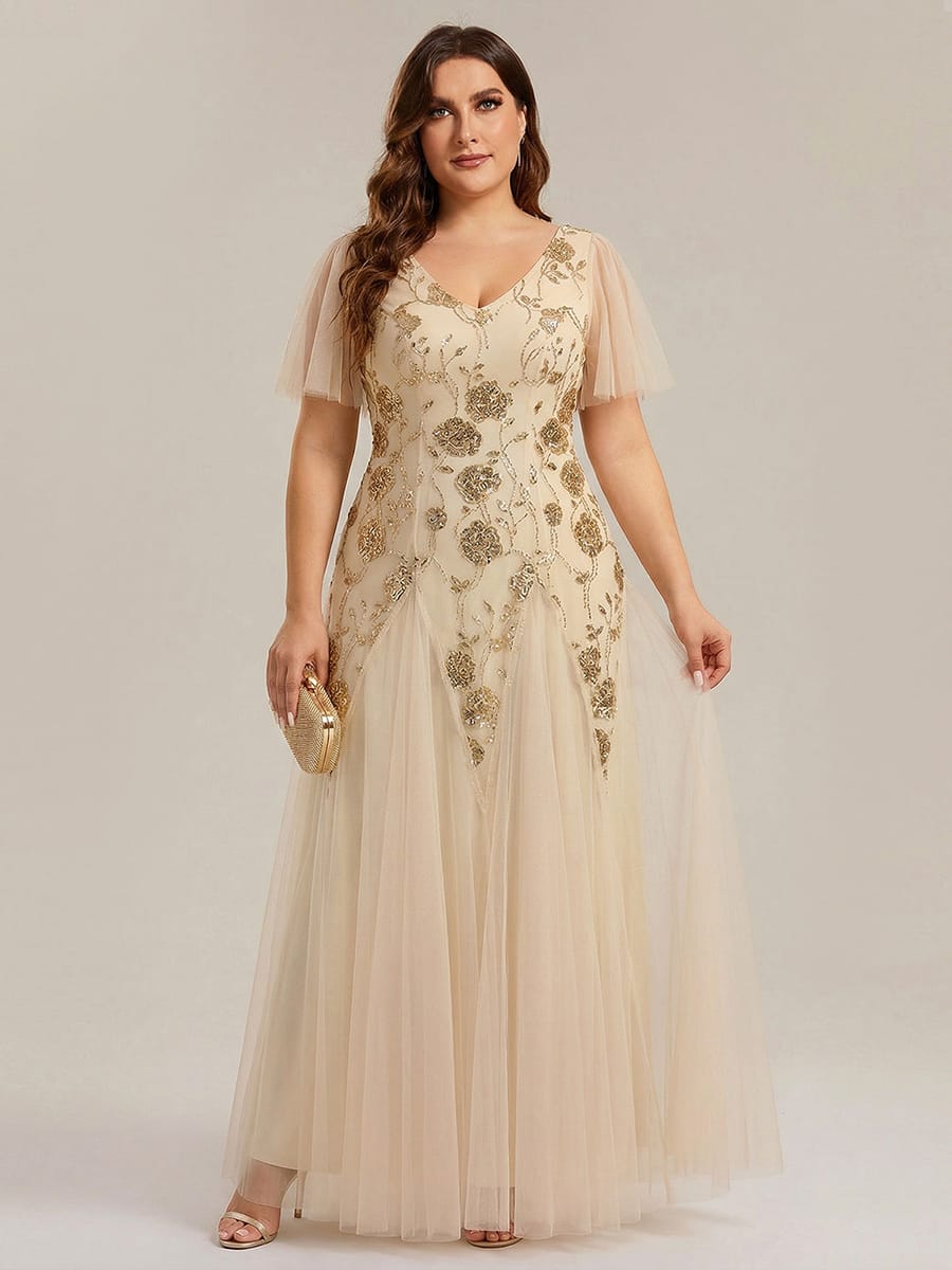 Patchwork Sequin Ruffle Sleeve Dress #color_Gold