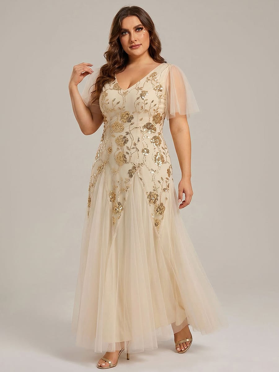 Patchwork Sequin Ruffle Sleeve Dress #color_Gold