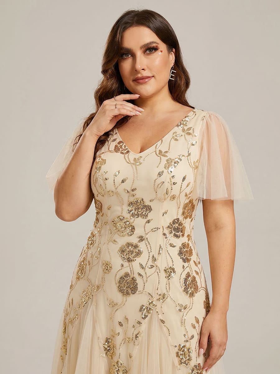 Patchwork Sequin Ruffle Sleeve Dress #color_Gold