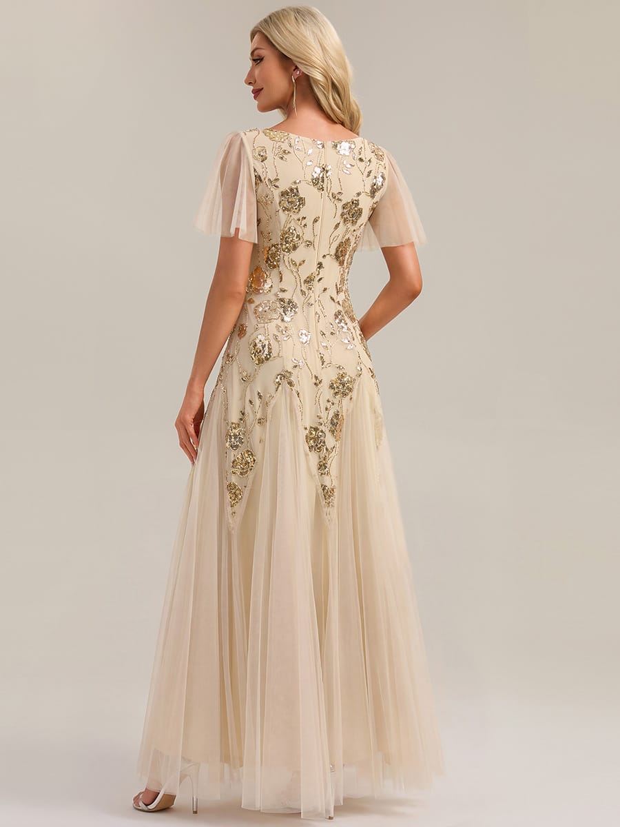 Patchwork Sequin Ruffle Sleeve Dress #color_Gold