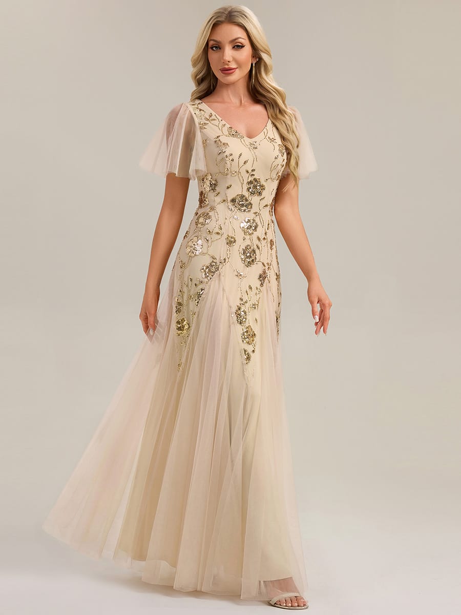 Patchwork Sequin Ruffle Sleeve Dress #color_Gold