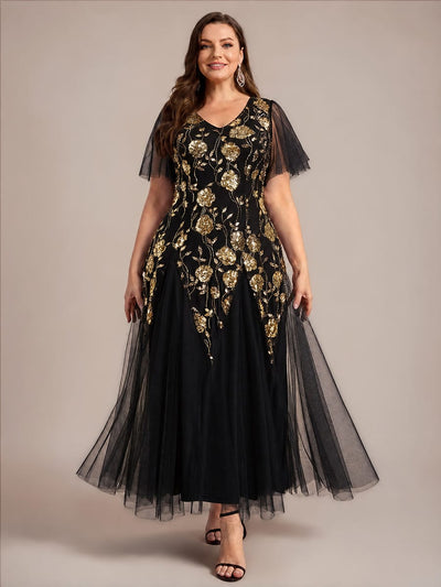 pretty ORLA|Plus Size Patchwork Sequin Ruffle Sleeve Dress