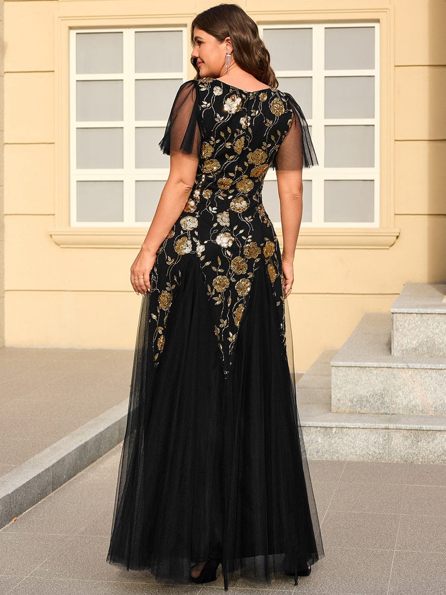 Patchwork Sequin Ruffle Sleeve Dress #color_Black & Gold