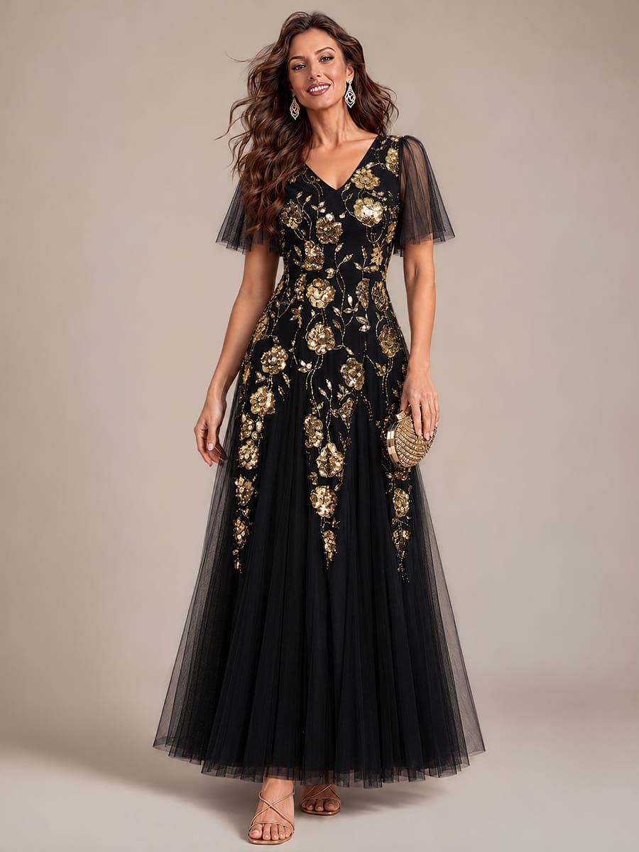Patchwork Sequin Ruffle Sleeve Dress #color_Black & Gold Floral