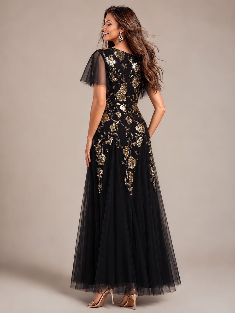 Patchwork Sequin Ruffle Sleeve Dress #color_Black & Gold Floral