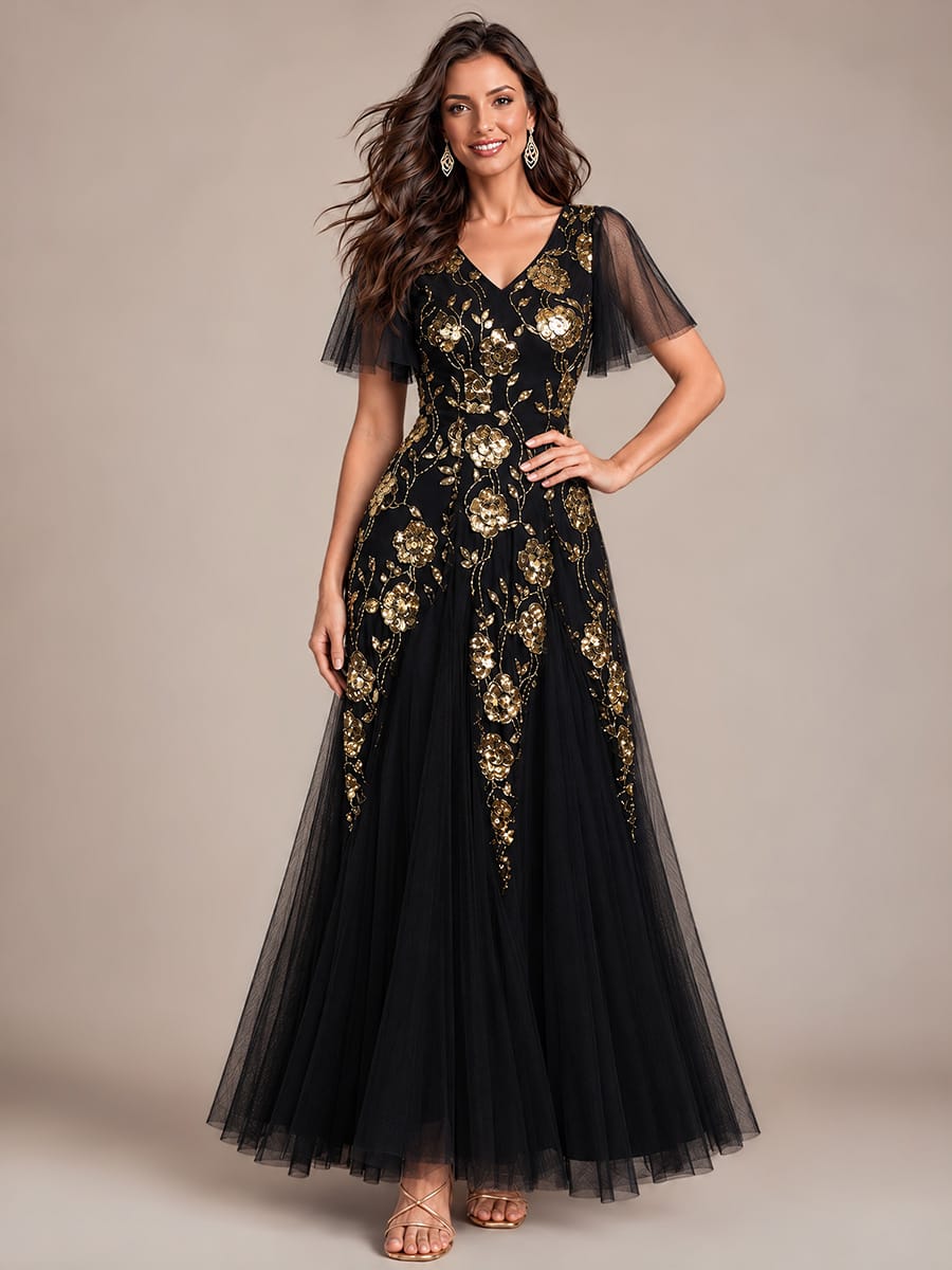 Patchwork Sequin Ruffle Sleeve Dress #color_Black & Gold Floral
