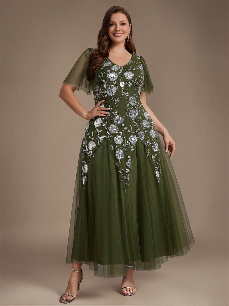 Patchwork Sequin Ruffle Sleeve Dress #color_Olive Green