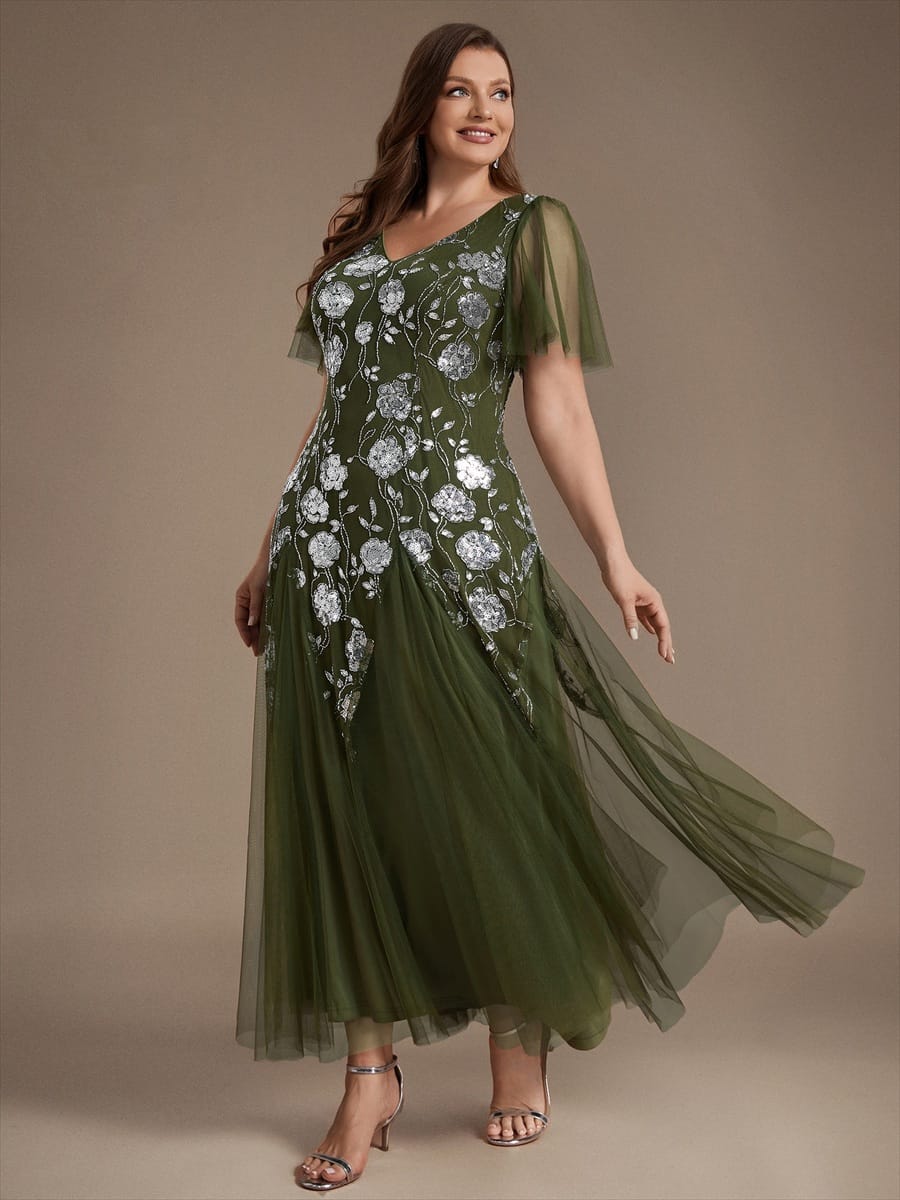 Patchwork Sequin Ruffle Sleeve Dress #color_Olive Green
