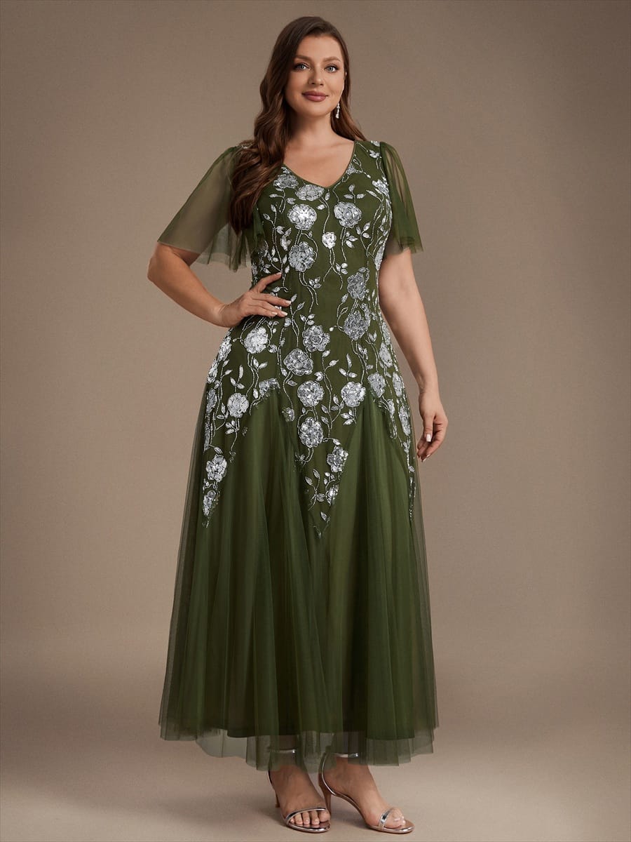 Patchwork Sequin Ruffle Sleeve Dress #color_Olive Green