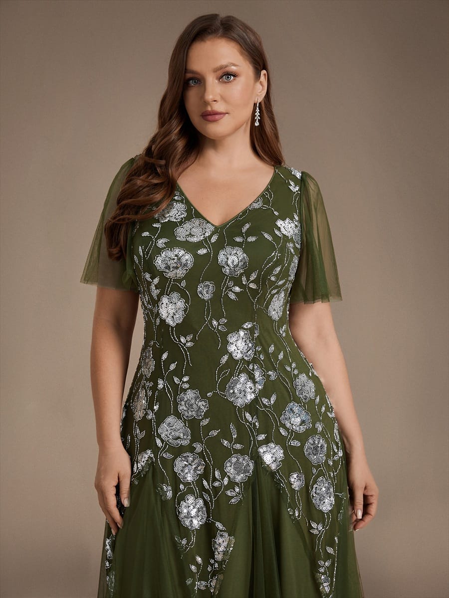 Patchwork Sequin Ruffle Sleeve Dress #color_Olive Green