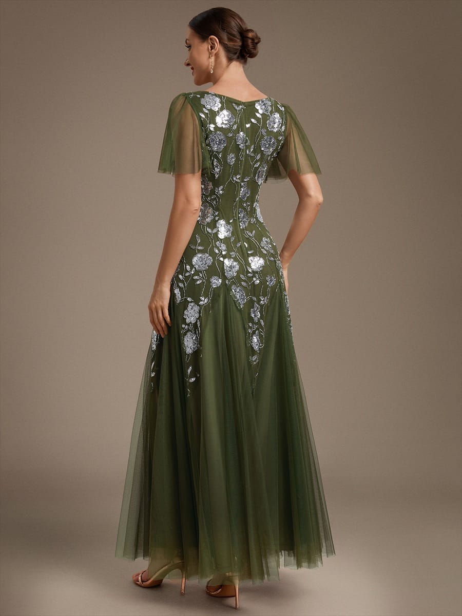 Patchwork Sequin Ruffle Sleeve Dress #color_Olive Green