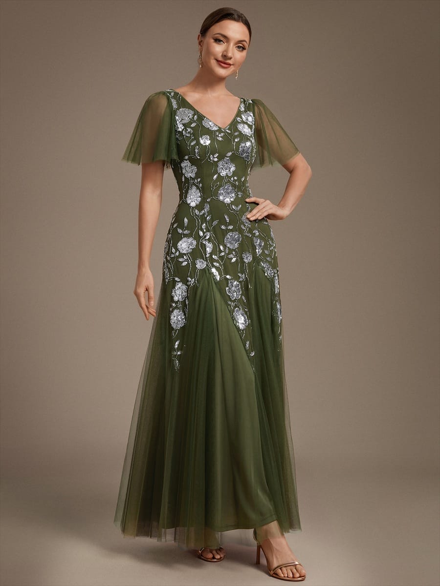 Patchwork Sequin Ruffle Sleeve Dress #color_Olive Green