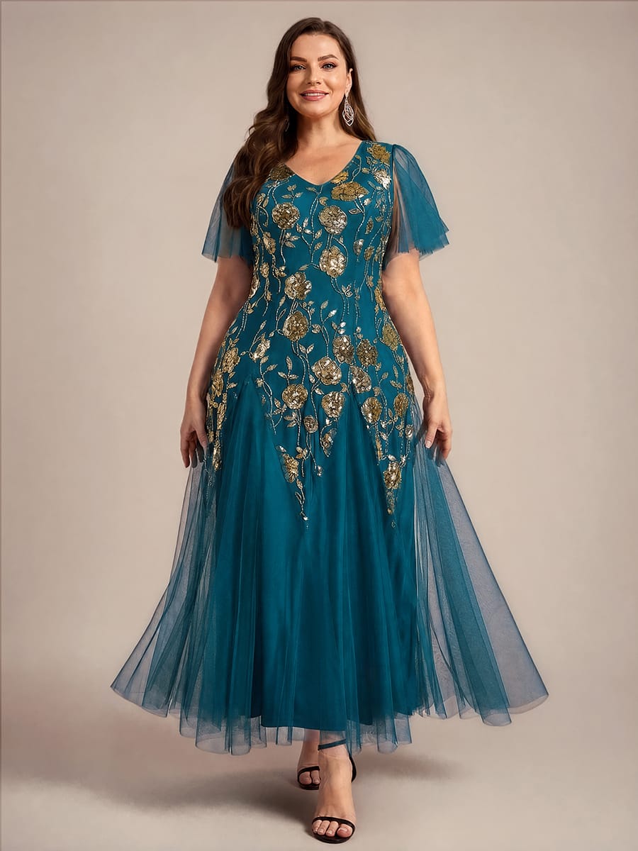 Patchwork Sequin Ruffle Sleeve Dress #color_Teal Blue