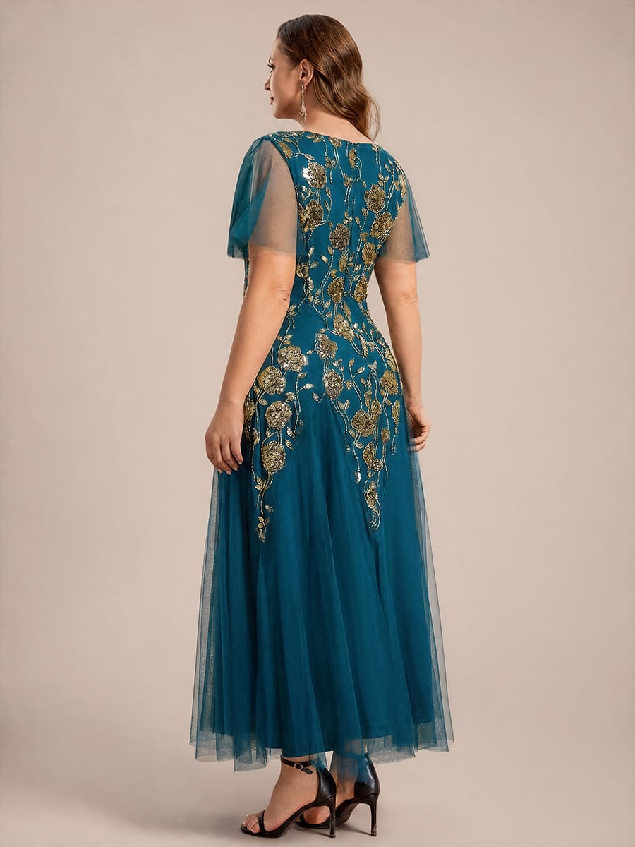 Patchwork Sequin Ruffle Sleeve Dress #color_Teal Blue