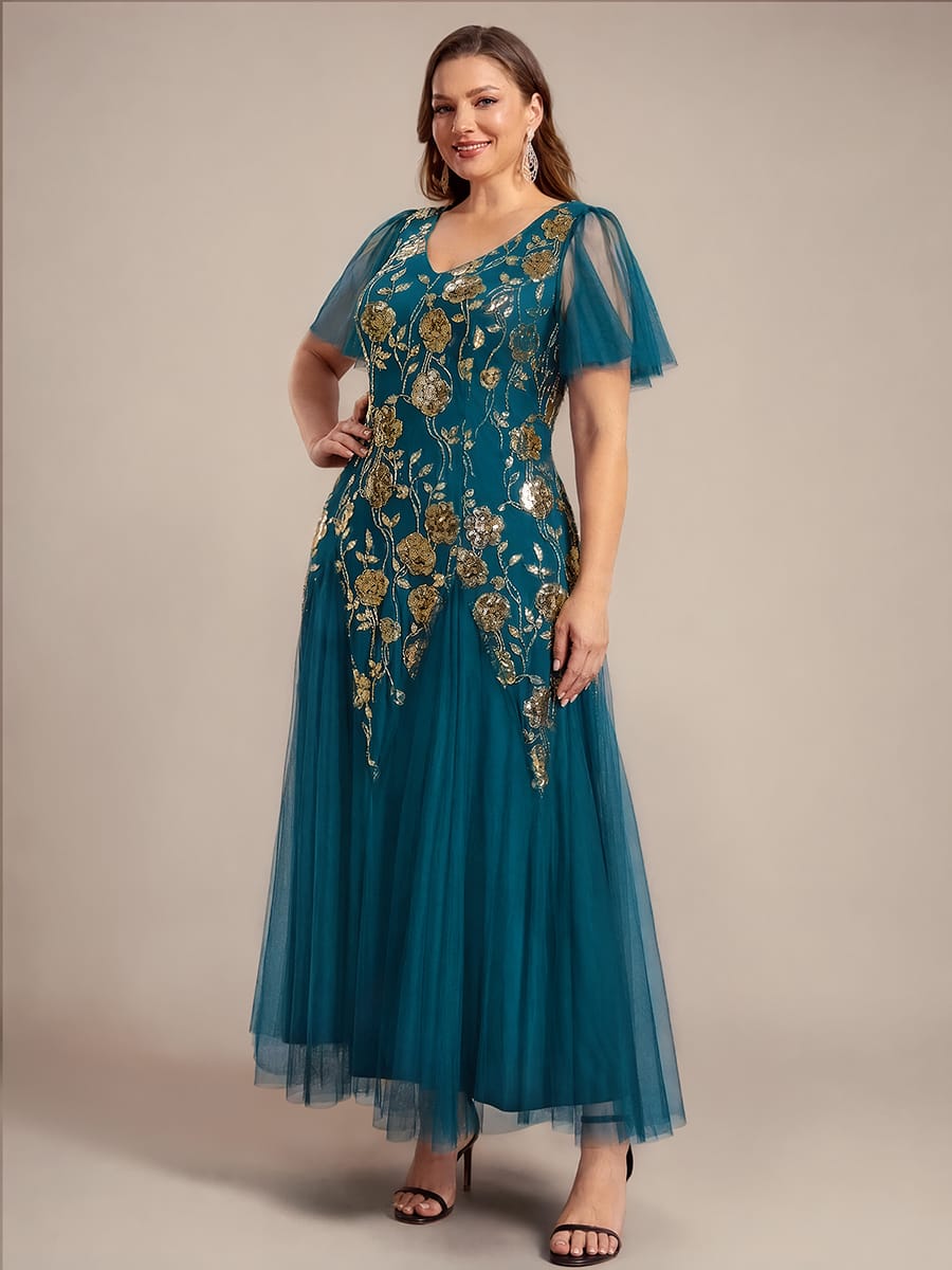 Patchwork Sequin Ruffle Sleeve Dress #color_Teal Blue
