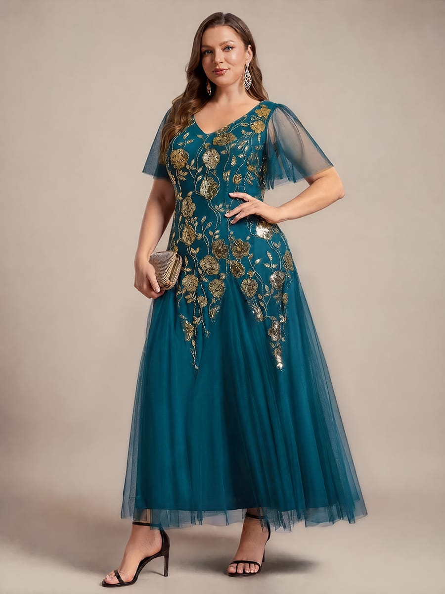 Patchwork Sequin Ruffle Sleeve Dress #color_Teal Blue