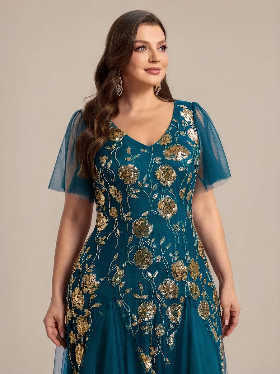 Patchwork Sequin Ruffle Sleeve Dress #color_Teal Blue