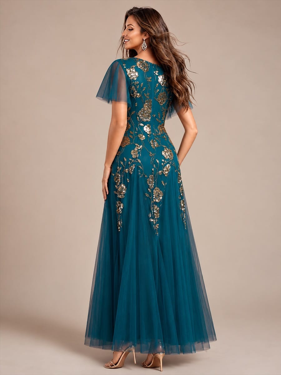 Patchwork Sequin Ruffle Sleeve Dress #color_Teal Blue