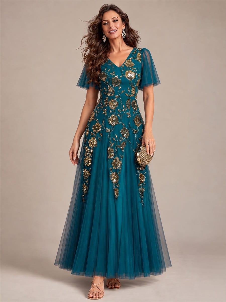 Patchwork Sequin Ruffle Sleeve Dress #color_Teal Blue