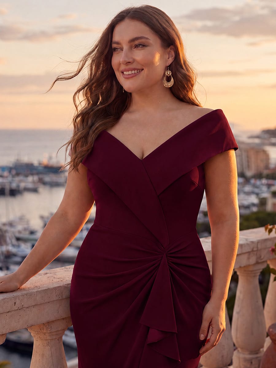 Slit Crepe Cap Sleeve Dress #color_Burgundy