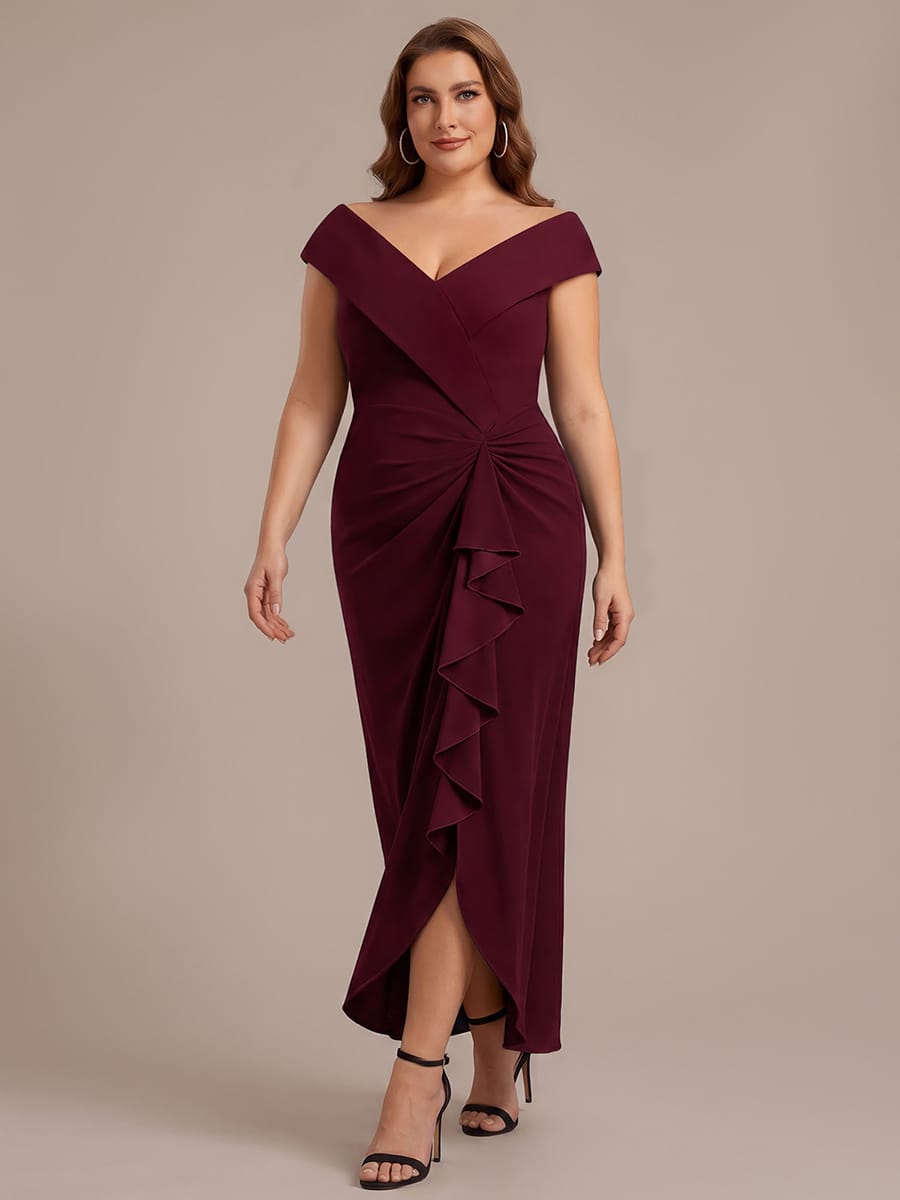 Slit Crepe Cap Sleeve Dress #color_Burgundy