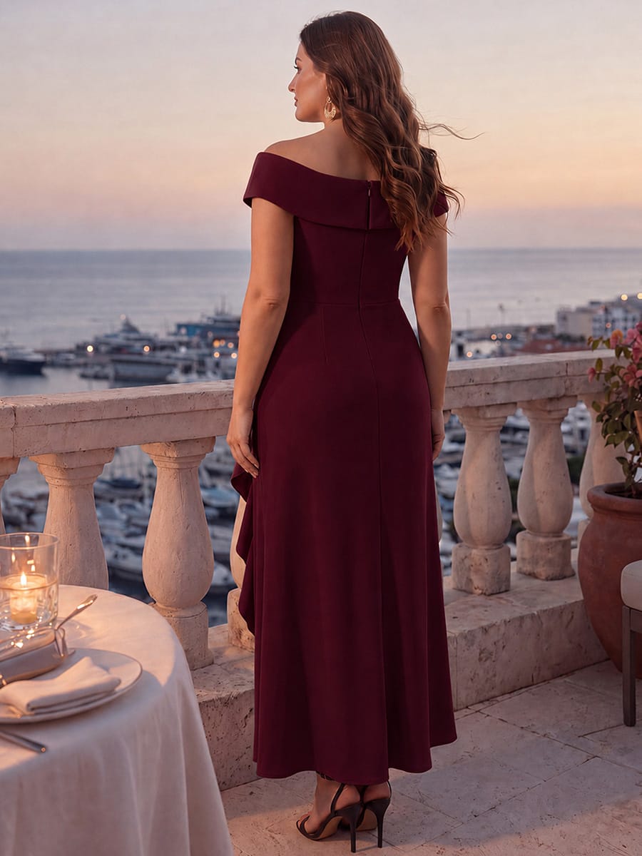 Slit Crepe Cap Sleeve Dress #color_Burgundy