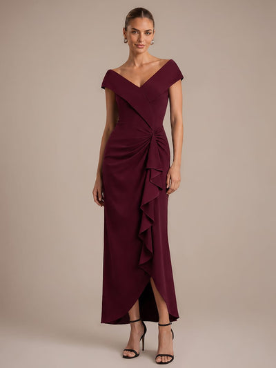 Ruffle Slit Mermaid Crepe V Neck Dress