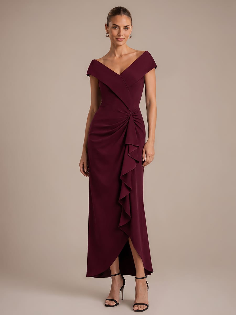 Slit Crepe Cap Sleeve Dress #color_Burgundy