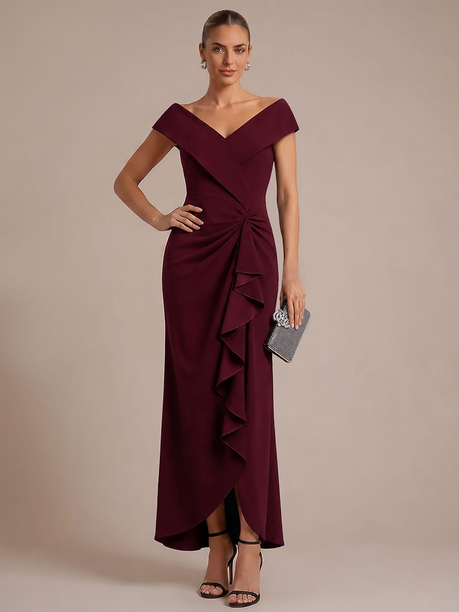 Slit Crepe Cap Sleeve Dress #color_Burgundy
