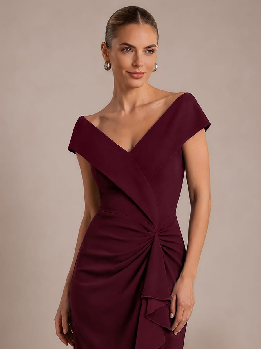 Slit Crepe Cap Sleeve Dress #color_Burgundy