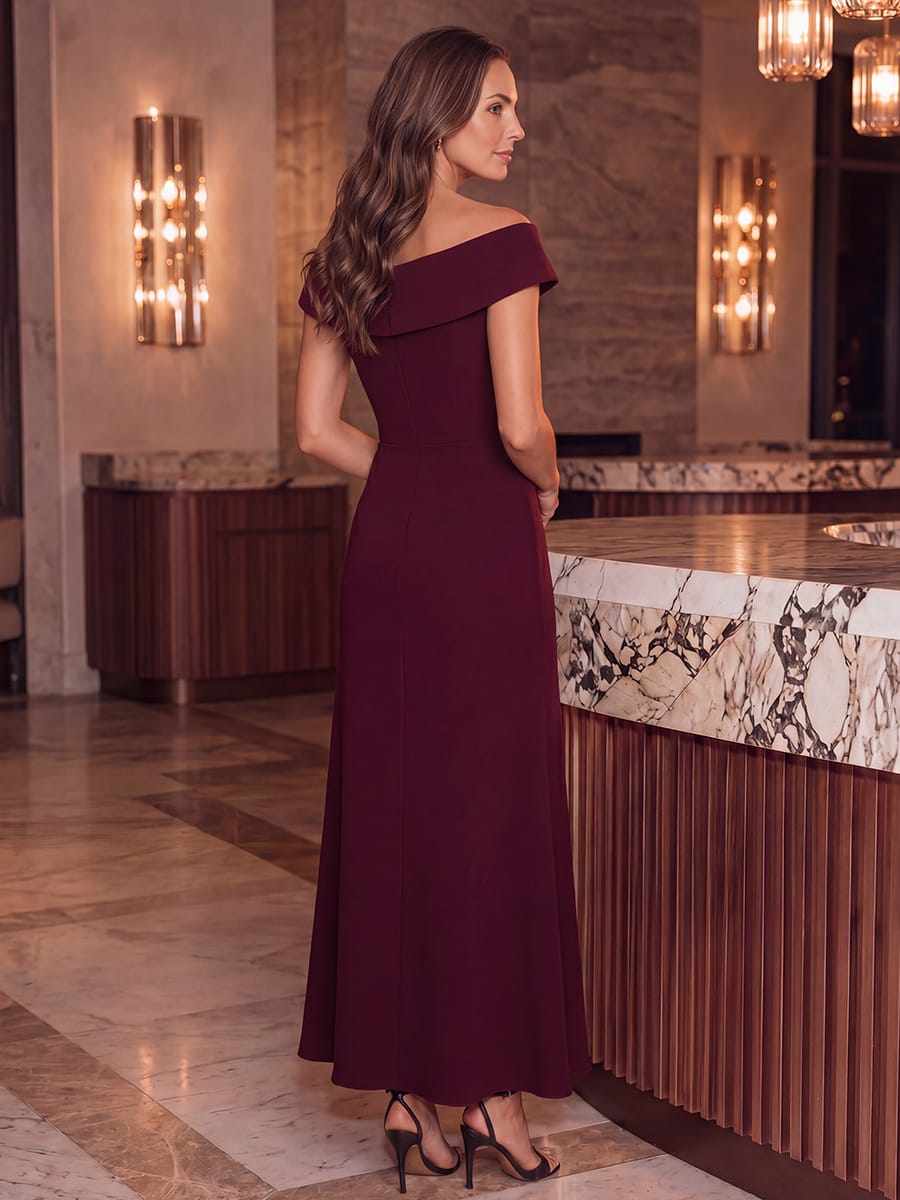 Slit Crepe Cap Sleeve Dress #color_Burgundy