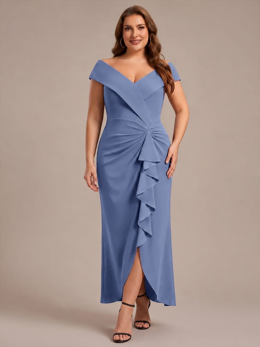 Slit Crepe Cap Sleeve Dress #color_Dusty Blue