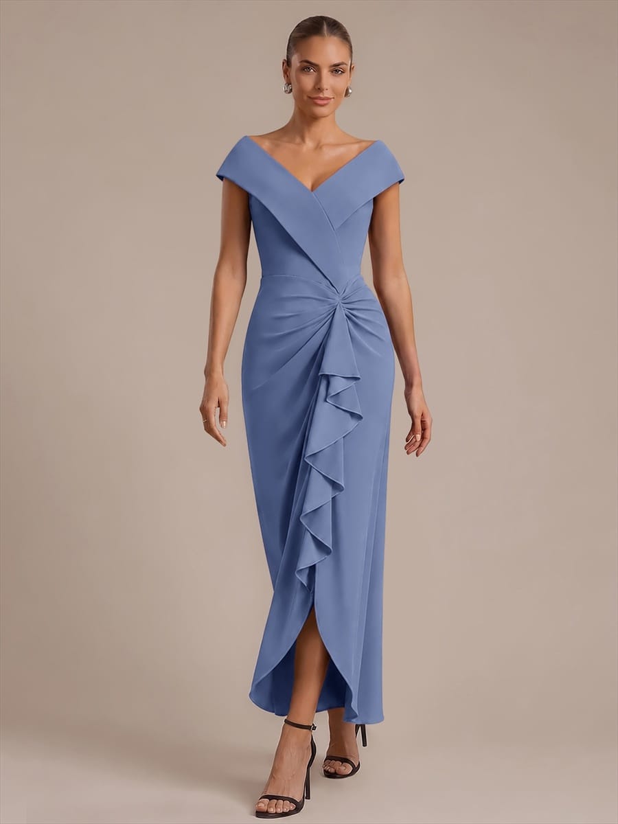 Slit Crepe Cap Sleeve Dress #color_Dusty Blue