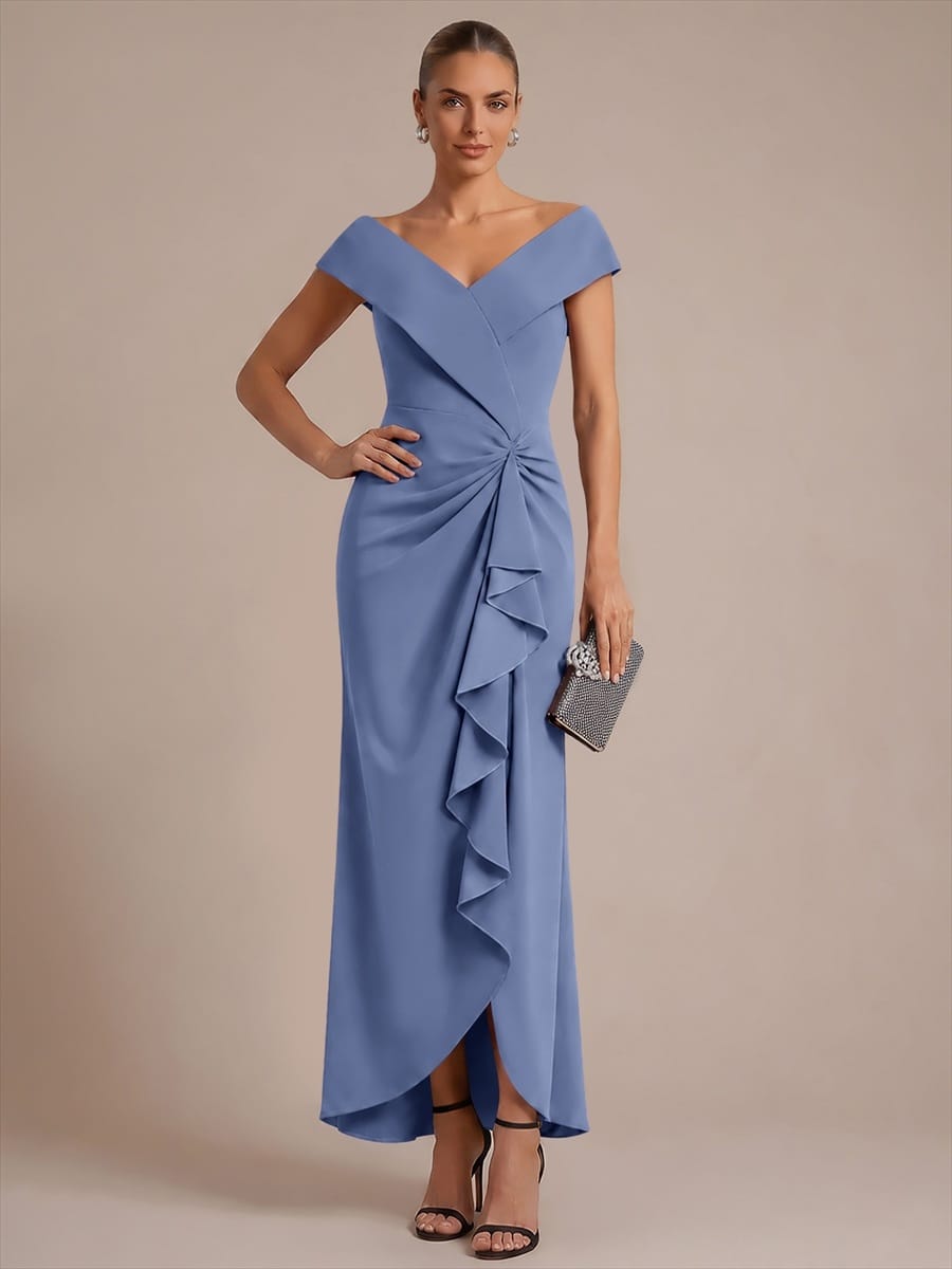 Slit Crepe Cap Sleeve Dress #color_Dusty Blue
