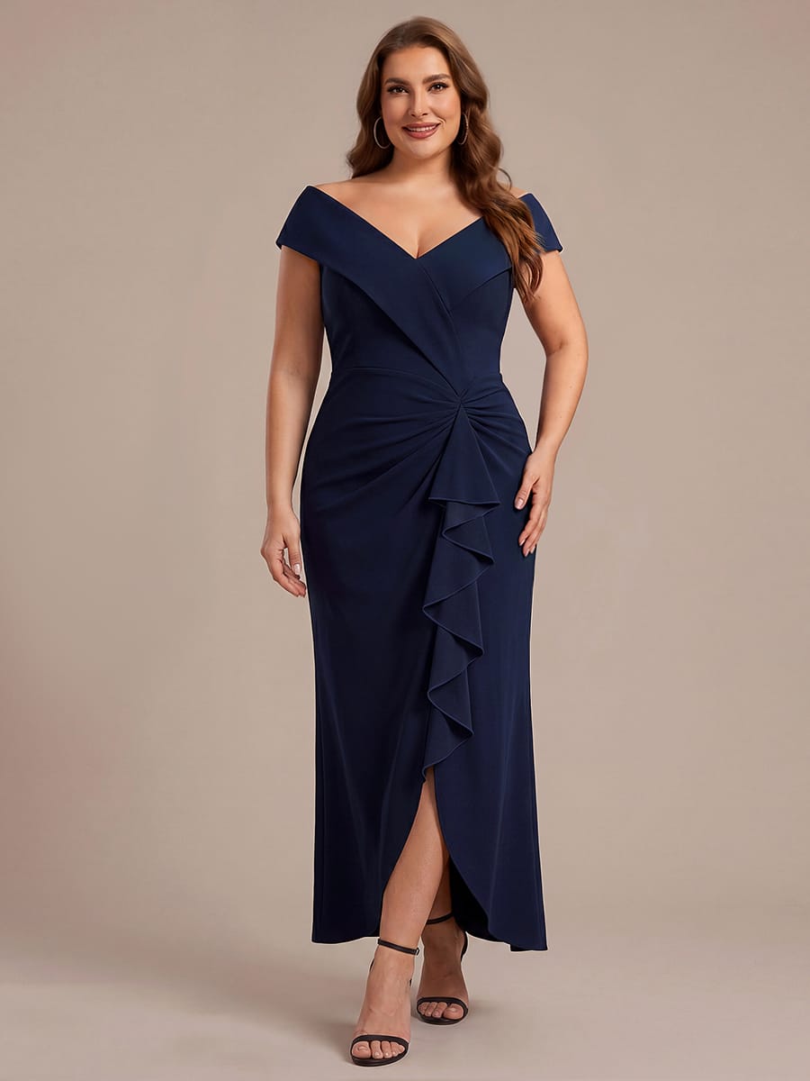 Slit Crepe Cap Sleeve Dress #color_Navy Blue