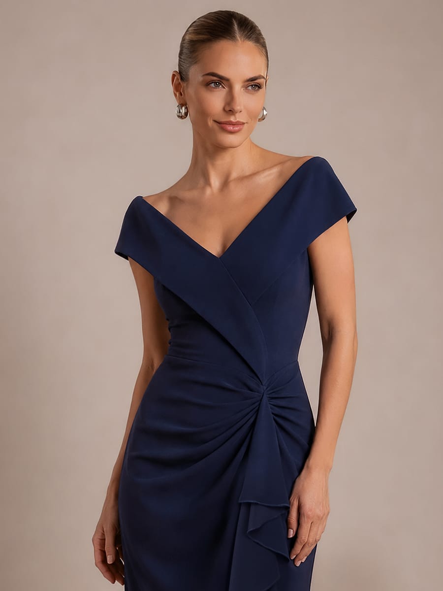 Slit Crepe Cap Sleeve Dress #color_Navy Blue