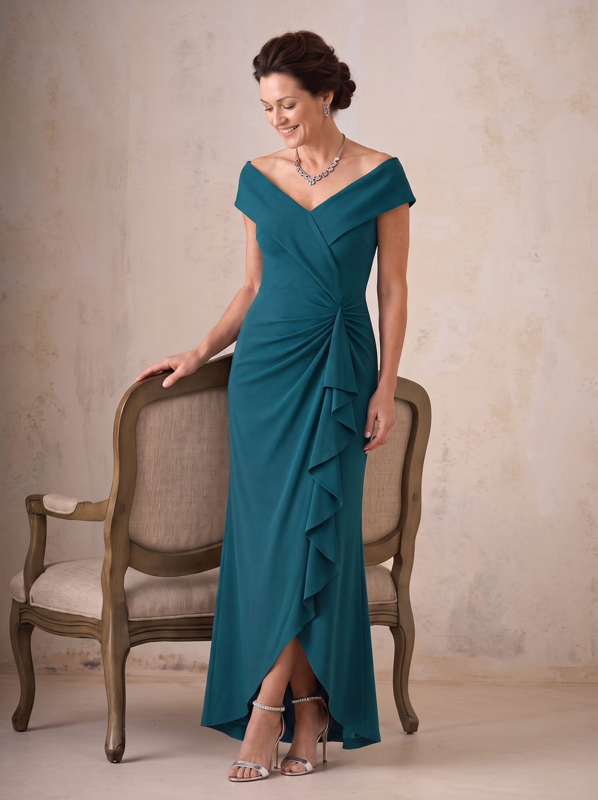 Slit Crepe Cap Sleeve Dress #color_Teal Blue