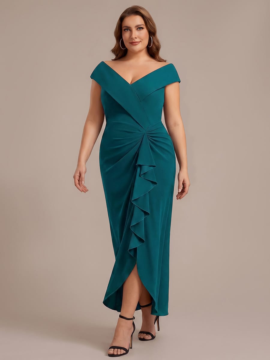 Slit Crepe Cap Sleeve Dress #color_Teal Blue