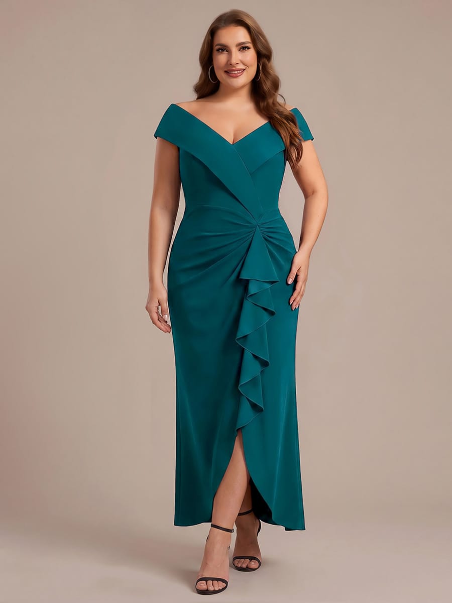 Slit Crepe Cap Sleeve Dress #color_Teal Blue