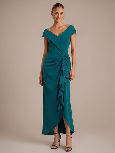 Ruffle Slit Mermaid Crepe V Neck Dress