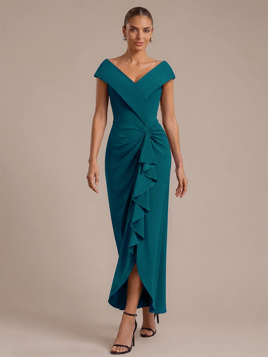 Slit Crepe Cap Sleeve Dress #color_Teal Blue